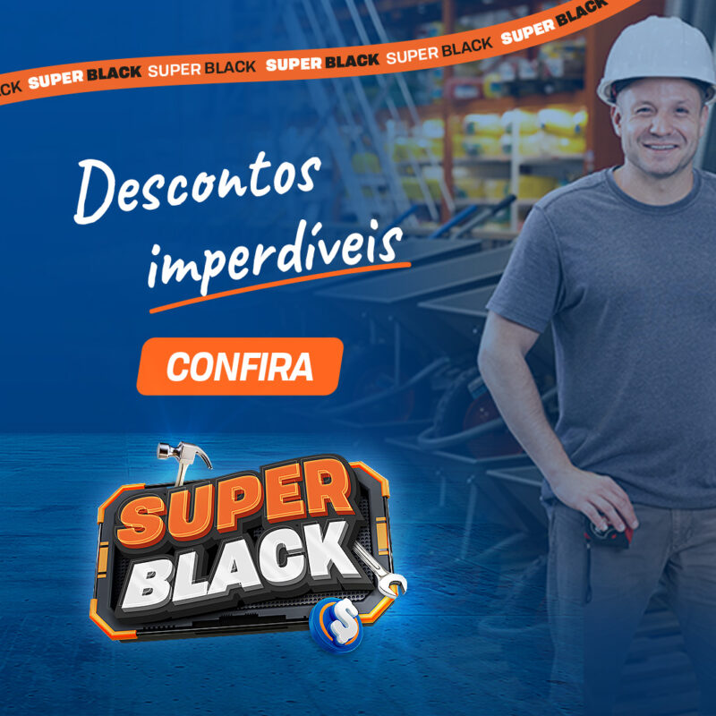 Material de campanha Black Friday da Super Pro. Fundo em azul  e na direita, um homem branco, profissional usando capacete de segurança na cor branca, camiseta cinza e calça cinza. Textos na arte: Descontos imperdíveis, confira.