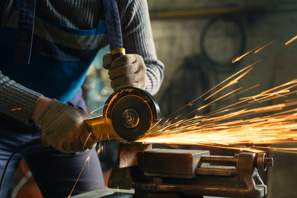 Serralheiro em roupas especiais e óculos trabalha na produção. Processamento de metal com rebarbadora