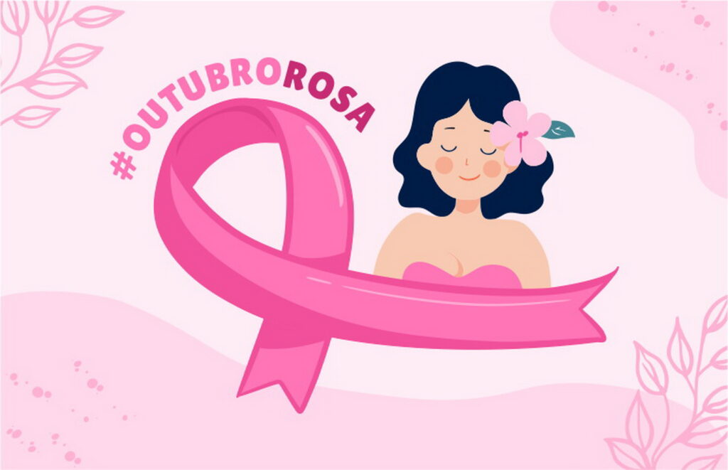 Ilustração de mulher e laço símbolo do outubro rosa.